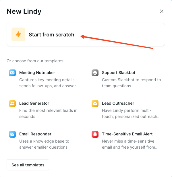 Lindy workflow creation options, with "Start from scratch" selected